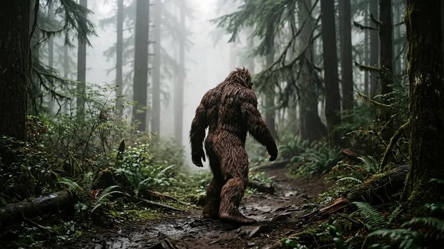 Large hairy bipedal creature walking through a dense foggy coniferous forest on a muddy trail