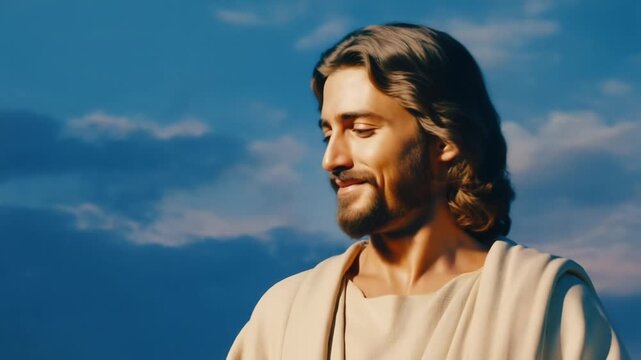 A cinematic sequence of a caucasian male adult portraying jesus christ with a gentle and hopeful expression. A spiritual depiction of the son of god for easter and religious events