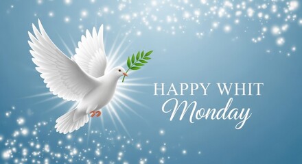 White dove holding olive branch on sparkling blue background with Happy Whit Monday text