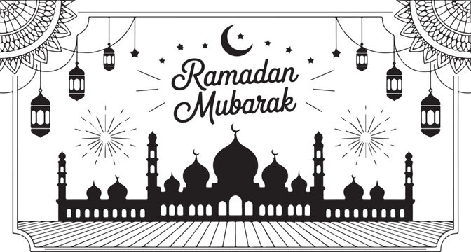 Ramadan Mubarak celebration with mosque silhouette and lanterns on white background