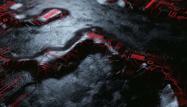 A dark and moody abstract background with red circuit board patterns on a black leather texture