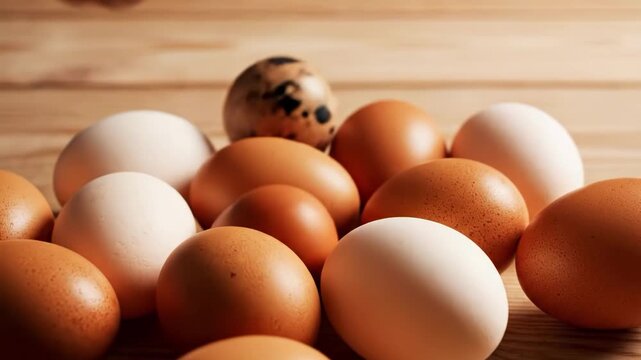 Brown and white eggs on wooden table