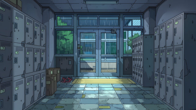Captivating Rainy Day Interior of a School Environment Highlighting Lockers and Shoes Amid Tranquil Atmosphere and Natural Light Filling the Space with Nostalgic Ambiance.