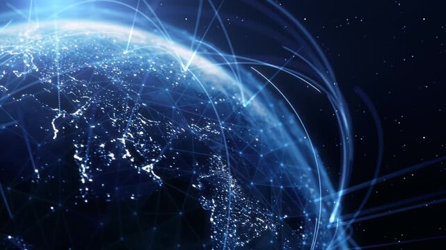 Global Connection Lines. Earth Network Data Transfer. Futuristic AI Technology, 5G, Globe Satellite Communication, Internet Connectivity, Big Data, Digital World Background Animation. Crypto Exchange