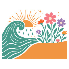 Naklejka premium Ocean Wave with Colorful Flowers and Sunrise