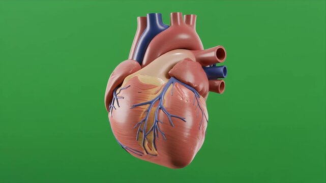Rotating human heart anatomy model on green background.