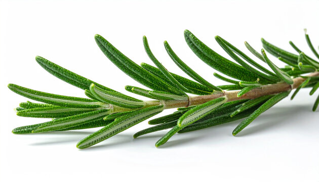 Close-up of a vibrant green rosemary sprig with detailed needle-shaped leaves