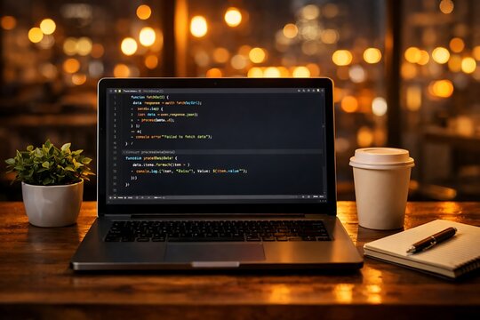 Cozy Evening Workspace with Laptop Displaying Code and Coffee