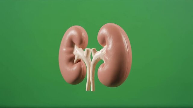 Rotating human kidneys 3D anatomy model on green background.