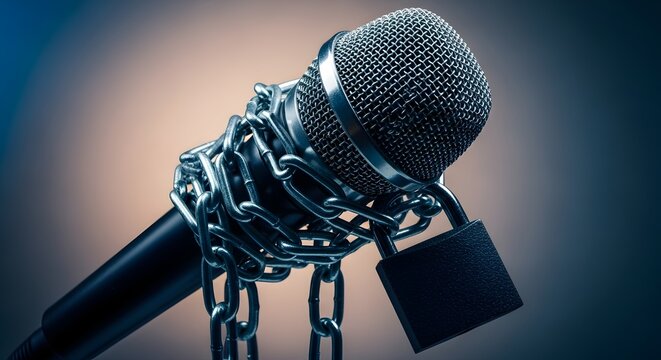 Censorship: Microphone Chained and Locked Silencing Speech.