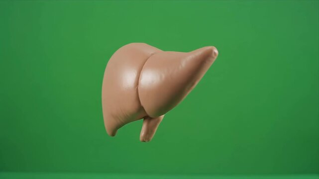 Rotating human liver 3D model on green background.