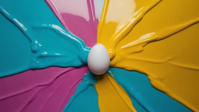 Top view of a white egg emerging from vibrant cyan magenta and yellow paint. Abstract artistic background for the easter holiday or creative design projects