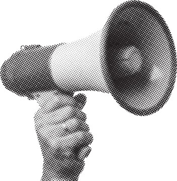 hand holding a megaphone halftone pop art retro black white vector illustration
