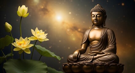 Fototapeta premium Serene Buddha Statue with Lotus Flowers and Spiritual Background.