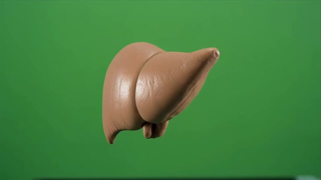 Rotating human liver 3d model on green background.
