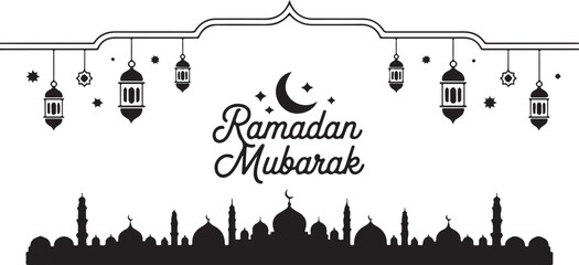 Obraz premium Ramadan Mubarak greeting card with mosque silhouette and lanterns hanging on strings