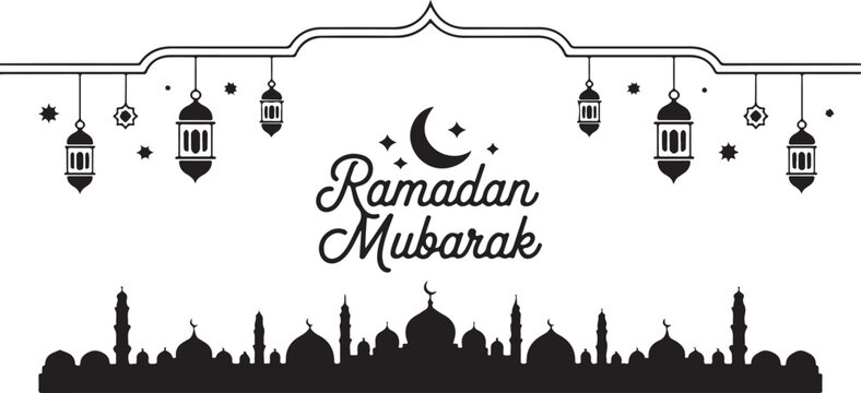 Ramadan Mubarak greeting card with mosque silhouette and lanterns hanging on strings