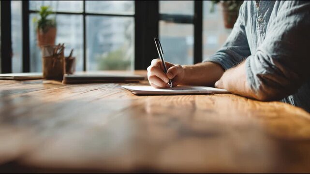 Unrecognizable man's hand writing notes in a notebook on a rustic wooden table by the window