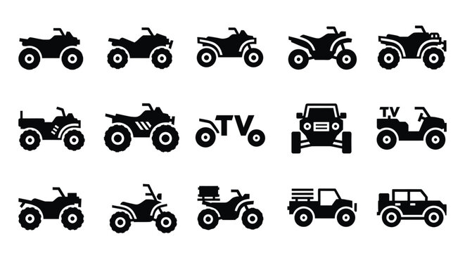 Off road atv and quad bike icon set illustrating all terrain vehicles and utility transport for rugged adventures and outdoor recreation branding in black solid silhouettes for web and print design