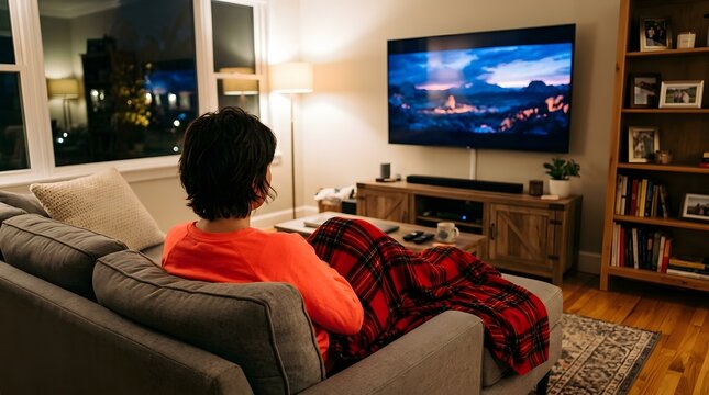 Person relaxing on sofa watching TV in cozy living room