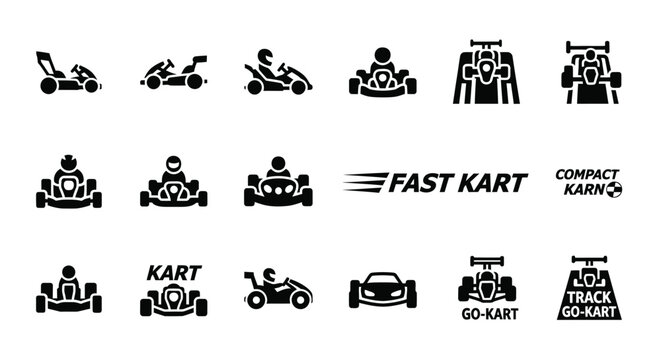 Go kart racing icon set and typography showing driver silhouettes in fast karts for motor sports competition and recreational track activities in professional black vector style for logo design use