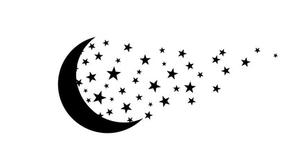 Black crescent moon with stars flowing into space on white background symbolizing dreams and magic © Kamola