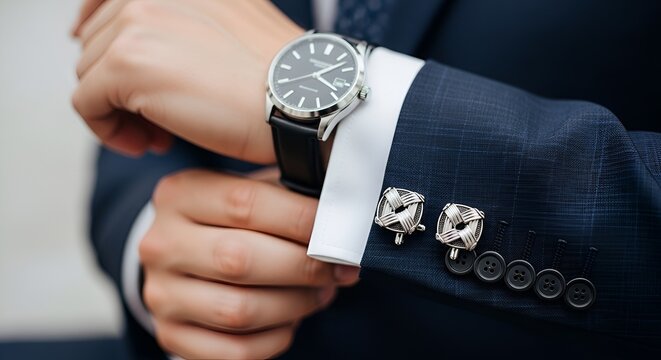 A stylish gentleman adjusting his dark-faced watch and intricate cufflinks on his suit sleeve.