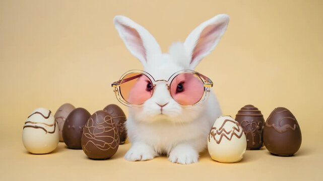 Adorable white easter bunny wearing stylish pink sunglasses sits among chocolate eggs. Funny animal greeting for a happy holiday celebration on a wide banner format