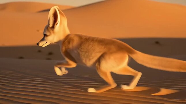 Fennec Fox Bounding Across Golden Sand Dunes At Sunset In Desert Wildlife Landscape