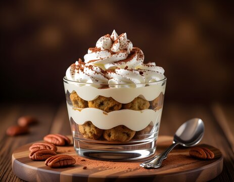 Dessert: tiramis&ugrave; con topping di panna e polvere di cioccolato