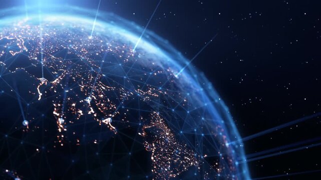 Global Connection Lines. Earth Network Data Transfer. Futuristic AI Technology, 5G, Globe Satellite Communication, Internet Connectivity, Big Data, Digital World Background Animation. Crypto Exchange