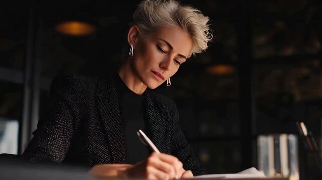 Focused Endeavor: A focused and elegant individual, engrossed in the act of writing, her every thought captured on paper with a sense of refined attention.