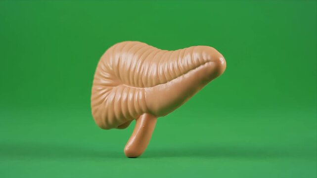 Silicone human pancreas anatomical model rotating on green background.