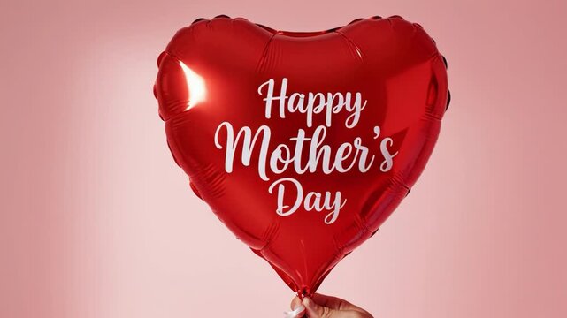 A red heart shaped balloon with happy mothers day text on a pink background