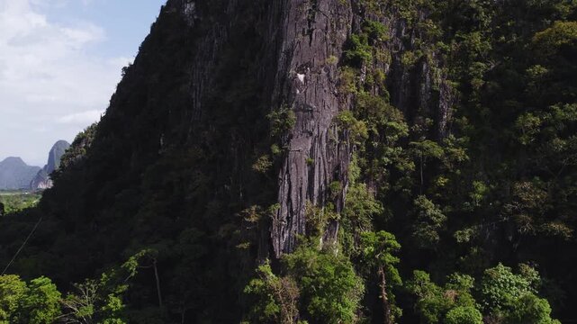 Upward lifting ascending motion view of tropical foliage on steep rocky side mountain, with rural countyside landscape appearing in the background.
