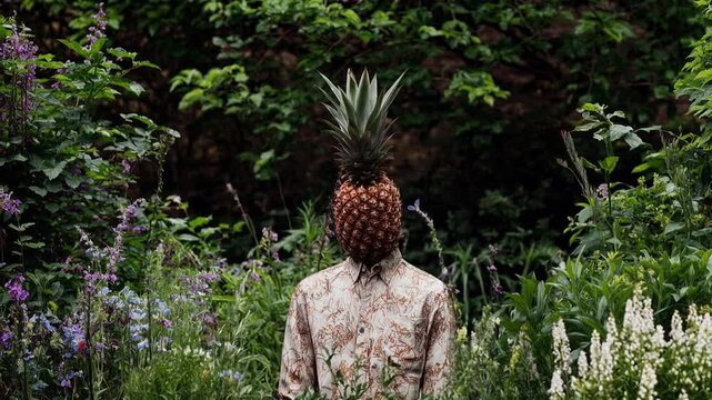 Surreal portrait of person standing in lush garden with pineapple instead of head blending nature and identity in vivid greenery under soft daylight