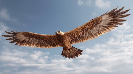 Fototapeta premium Golden eagle soaring high in sky with wings wide open. Majestic raptor bird in flight. Symbol of freedom, strength and power. Wildlife photography of predator in natural environment.