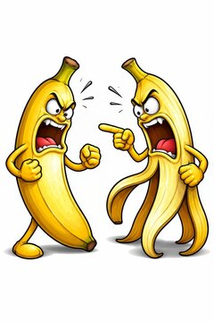 Two expressive cartoon bananas shout and point angrily at each other on a clean white background, creating a humorous fruit argument concept for playful designs.