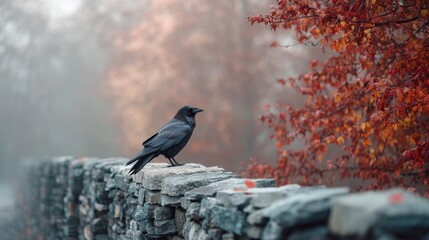 Fototapeta premium Black raven perched on a rustic stone wall in an autumn park. Bird in misty woodland with orange leaves. Symbol of mystery, Halloween atmosphere and seasonal change in nature.