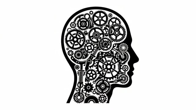 Mechanical brain concept illustration featuring a human head silhouette filled with intricate gears and cogs on white