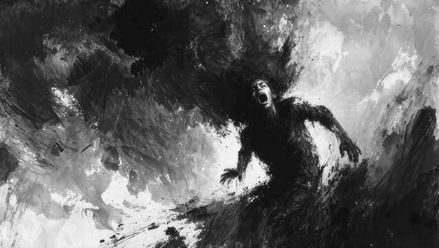 Faces of depression: dramatic black and white portrait of a screaming figure engulfed in abstract paint storm expressing anguish and isolation