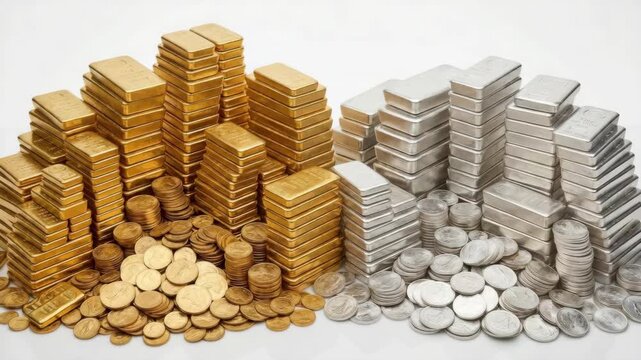 Stacks of gold and silver bullion bars with piles of coins on a white background representing investment wealth and financial security