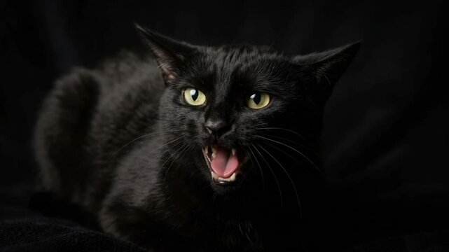 Angry black cat hissing and showing teeth while looking at camera on dark isolated background