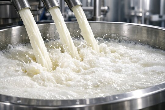 Fresh Milk Poured into Large Steel Vat at Dairy Production Facility