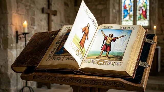 Large antique manuscript with biblical illustrations resting on a wooden lectern in a historic stone church