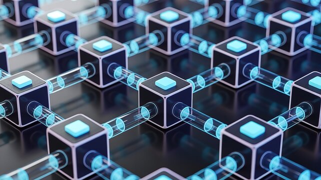   
Blockchain network cubes with glowing blue connections and digital data nodes vector illustration