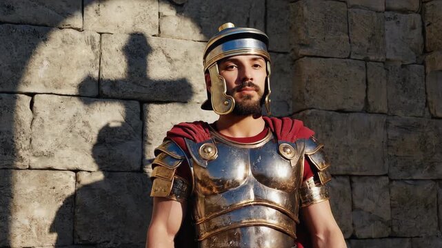 Male roman legionary in authentic armor witnesses his shadow form a christian cross on a wall. A powerful religious symbol of faith, belief, and historical conversion. Ancient history