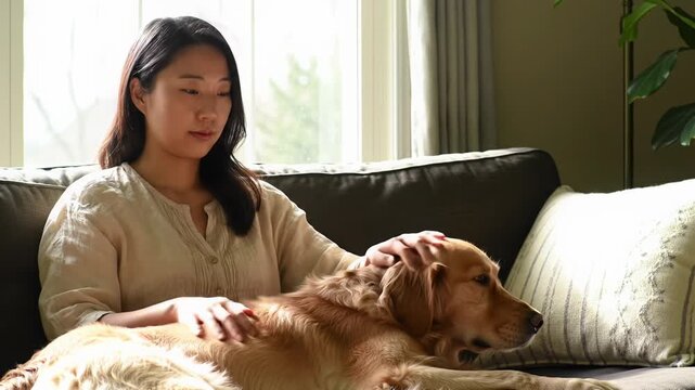 An adult in soft casual attire gently strokes a contented medium-sized dog in a sun-drenched cozy living room with soft bokeh, golden hour light. Profound comfort and unconditional love