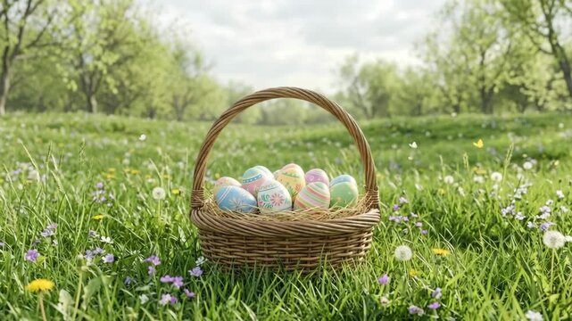 Colorful Easter eggs inside a traditional wicker basket on a green grass field with blooming spring flowers