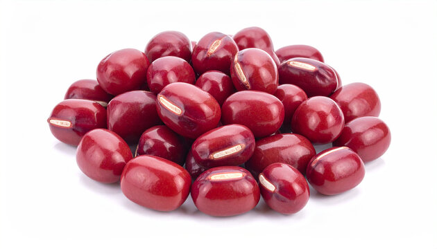 Close-up of red adzuki beans with white hilum piled on a white surface